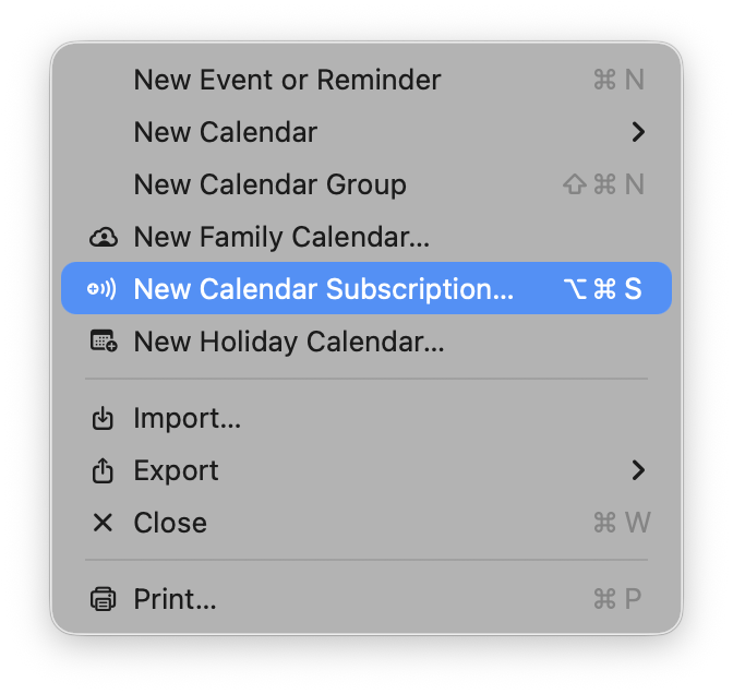 The macOS Calendar File menu with New Calendar Subscription highlighted